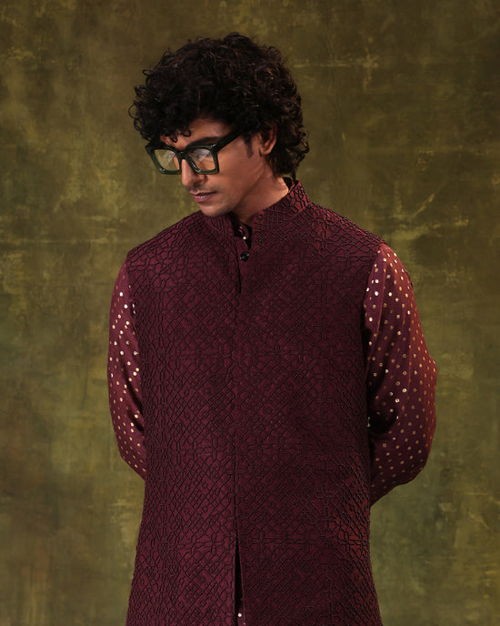 Wine Nehru Jacket Set