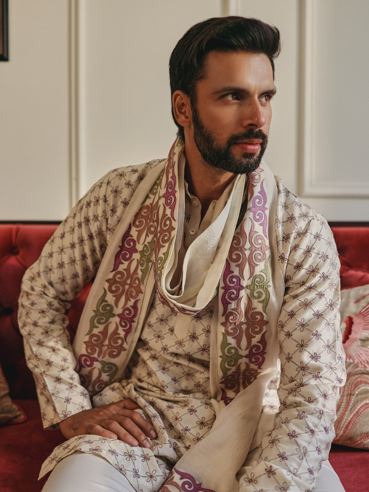 White Stole Kurta Set
