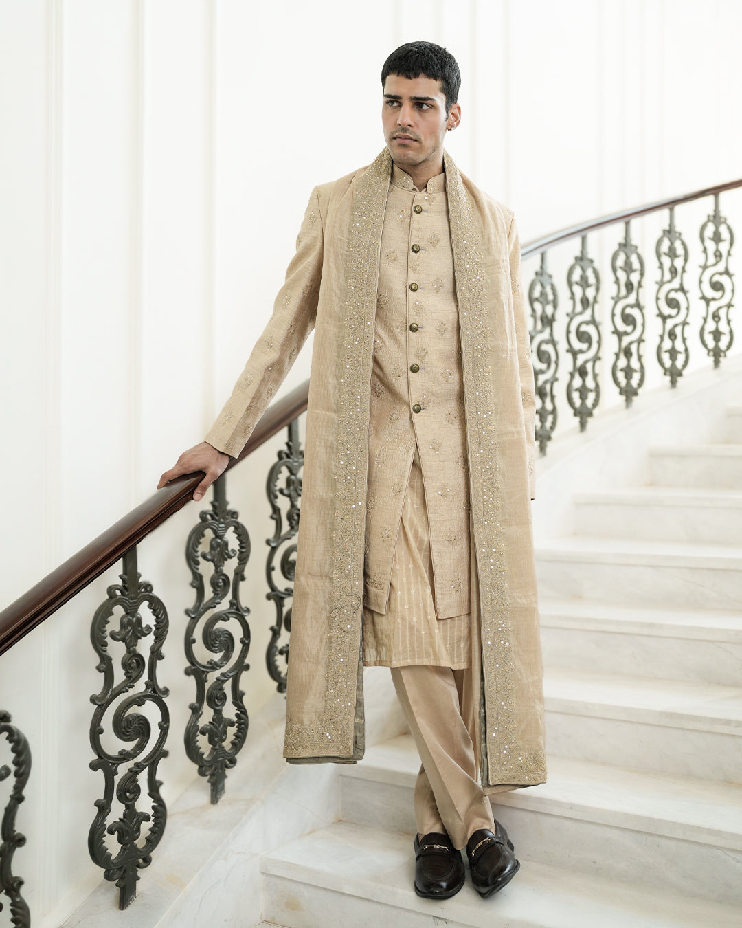 Beige dori sherwani set