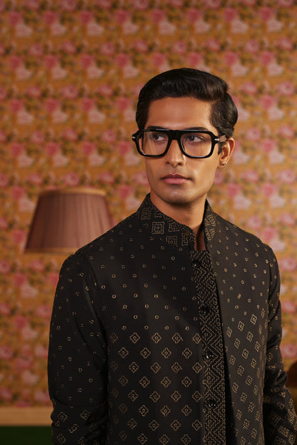 Black Mesh Resham Embroidered Nehru Jackets Set