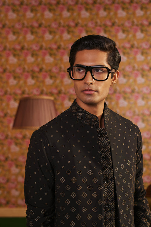 Black Mesh Resham Embroidered Nehru Jackets Set