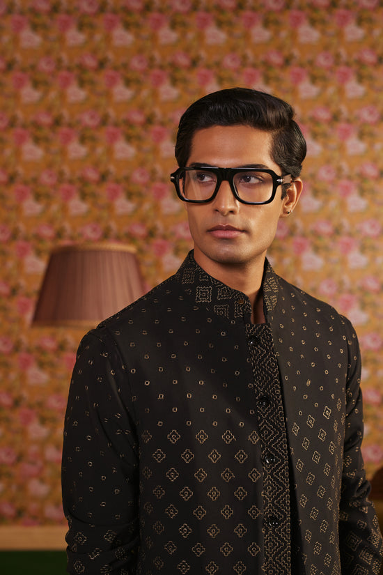 Black Mesh Resham Embroidered Nehru Jackets Set