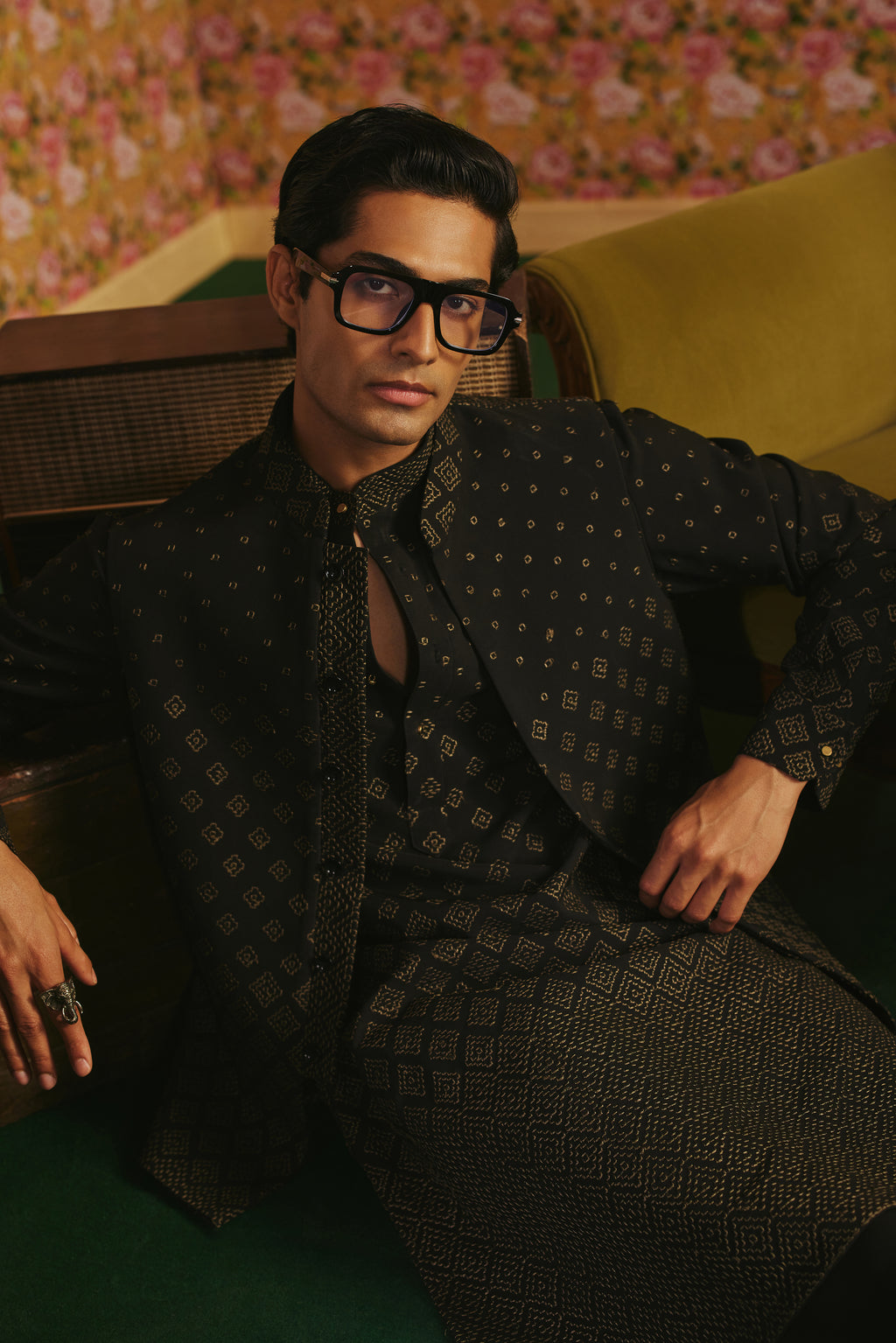 Black Mesh Resham Embroidered Nehru Jackets Set