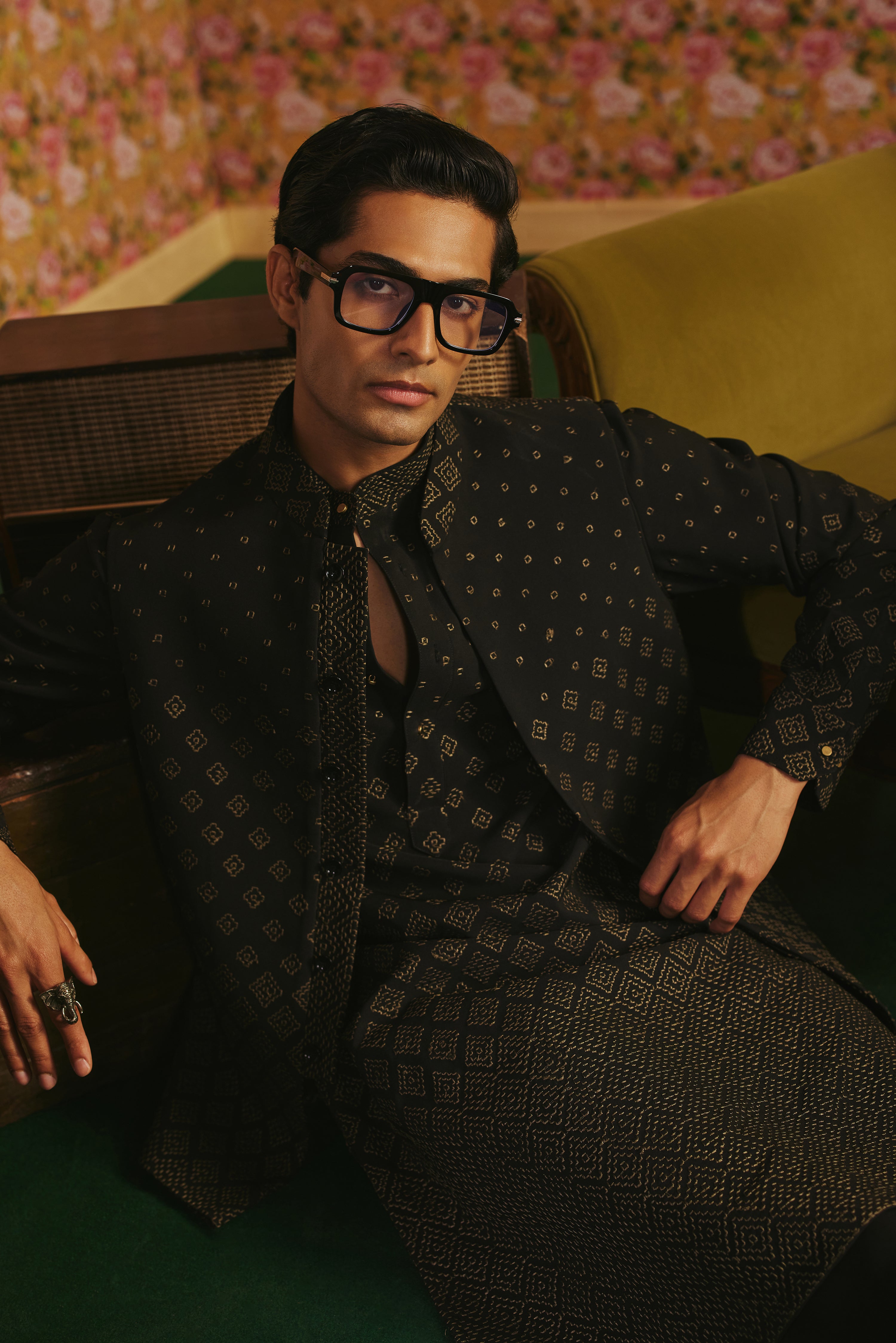 Black Mesh Resham Embroidered Nehru Jackets Set