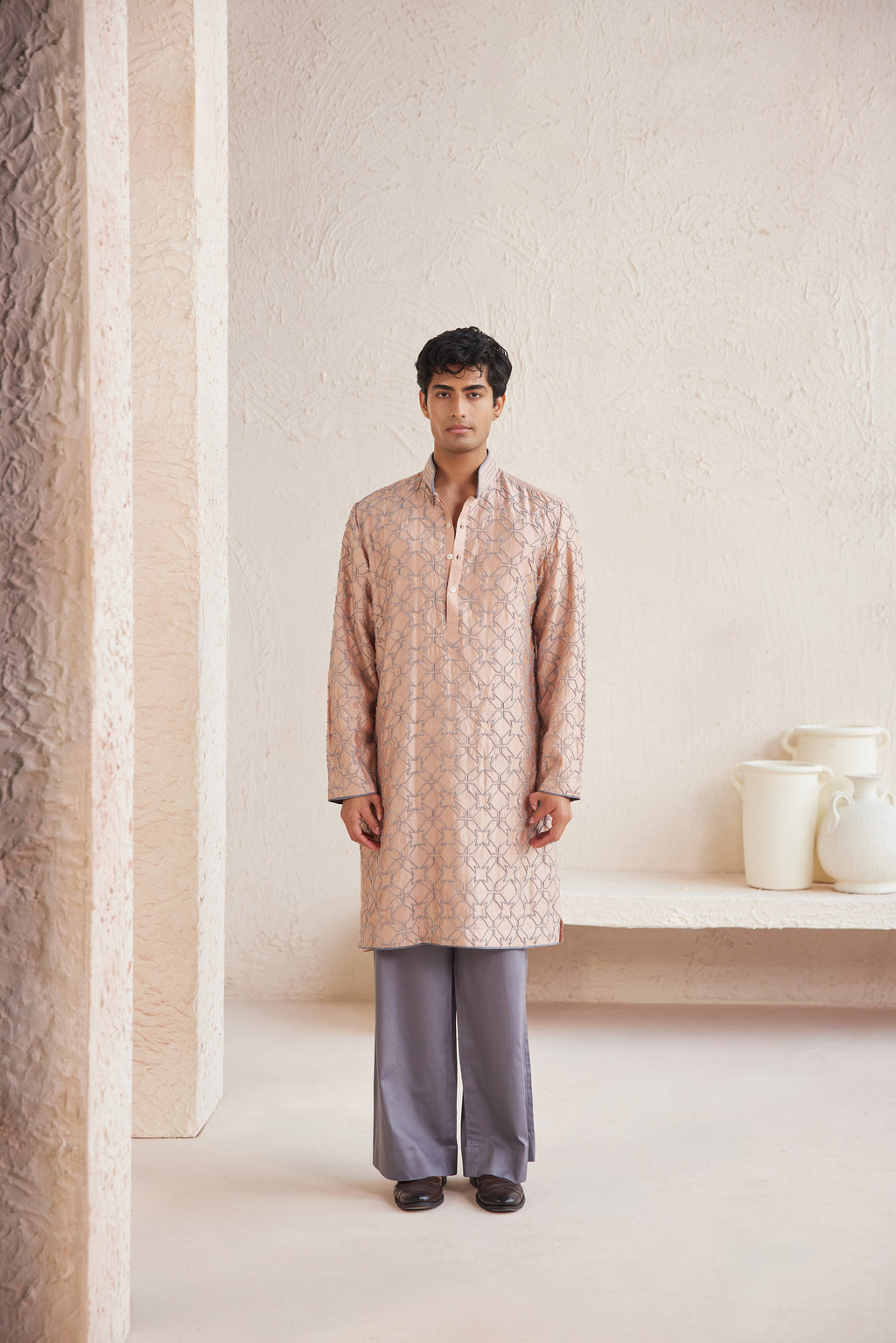 Peach French Knot Embroidered Kurta Set