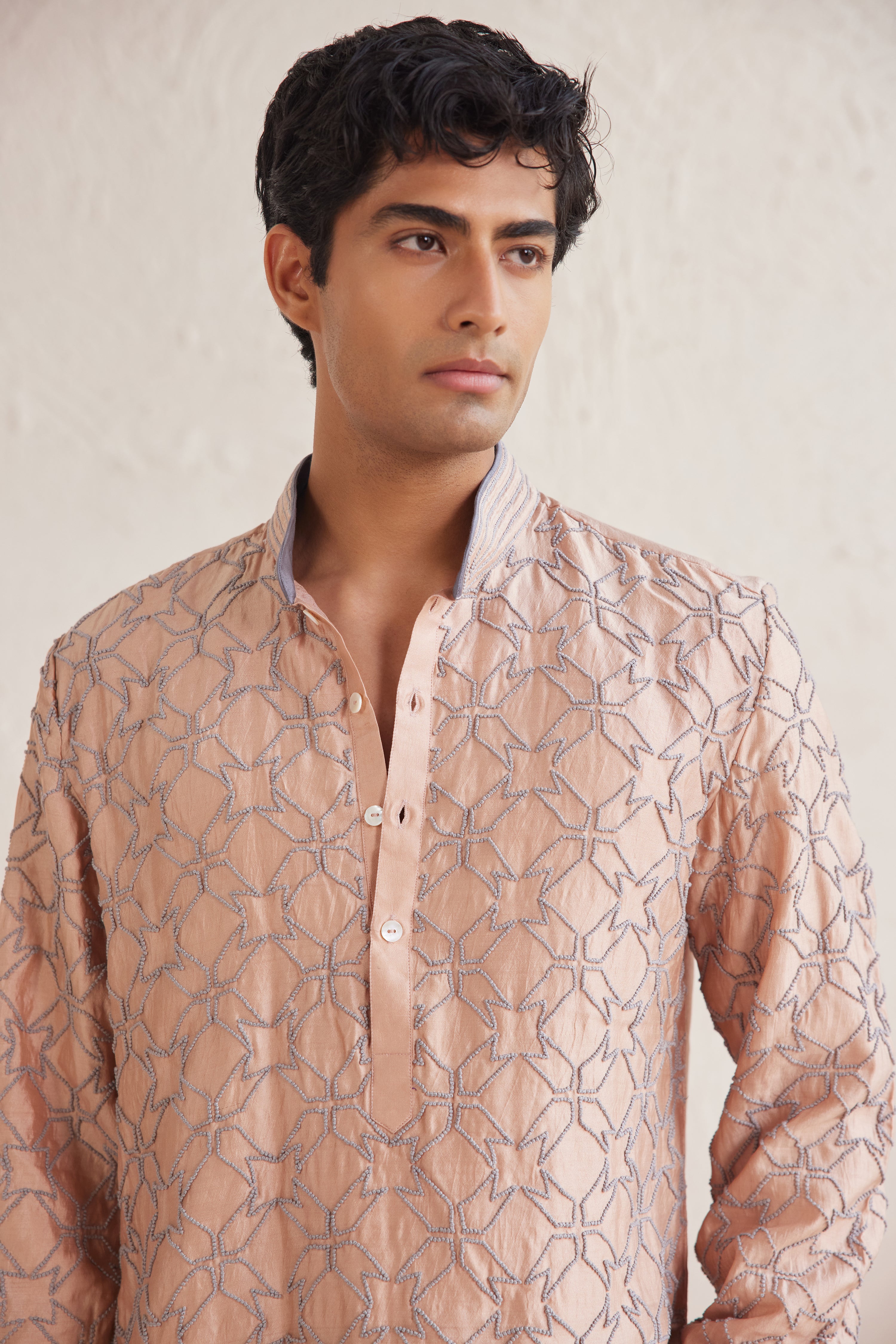 Peach French Knot Embroidered Kurta Set