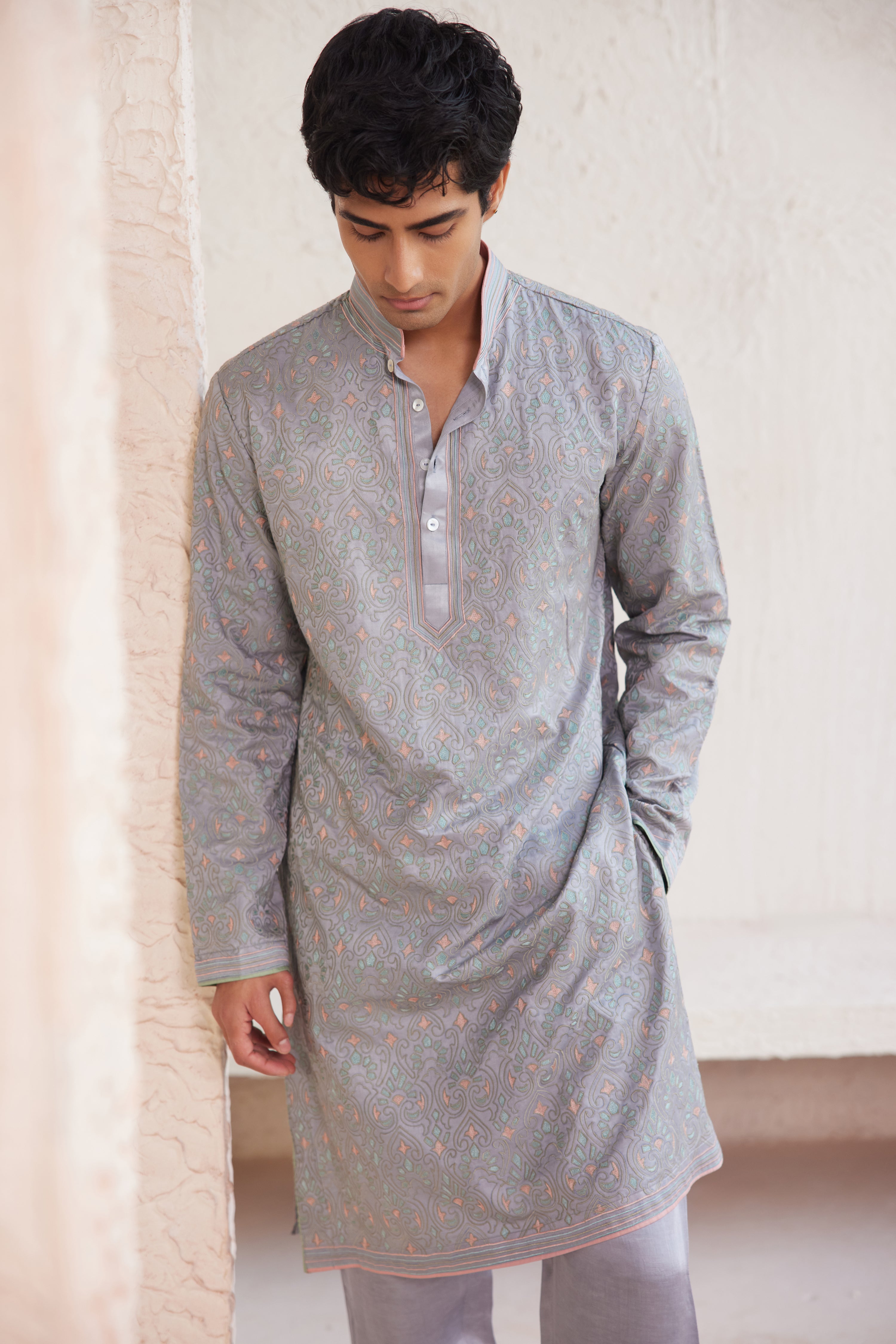 Grey Resham Embroidered Kurta Set