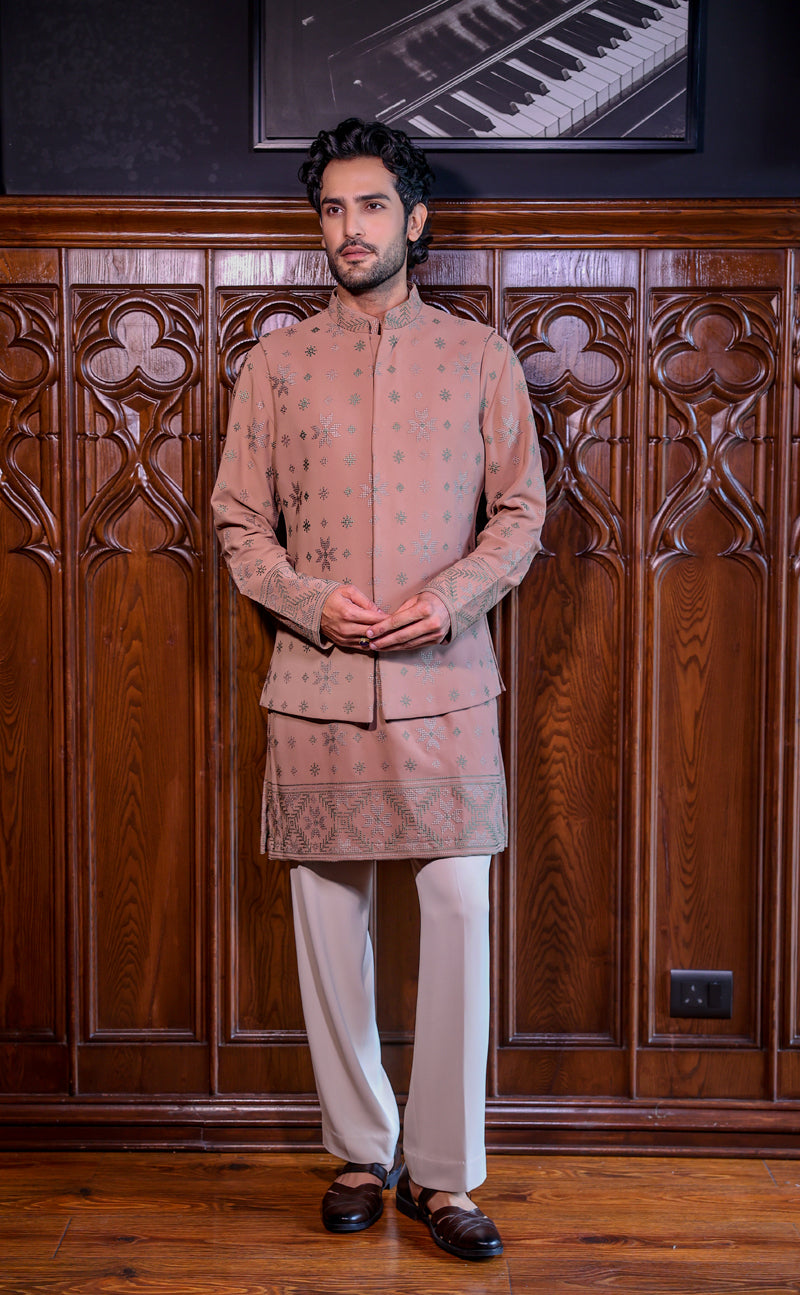 Beige Nehru Jacket Set