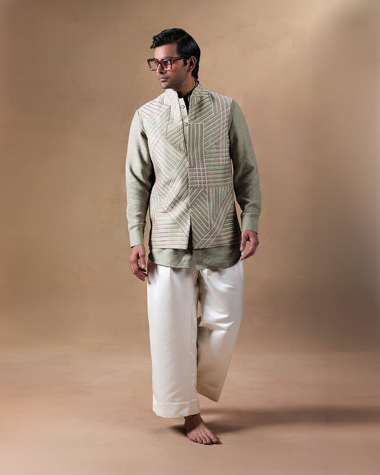 Green Nehru Jacket Kurta Set
