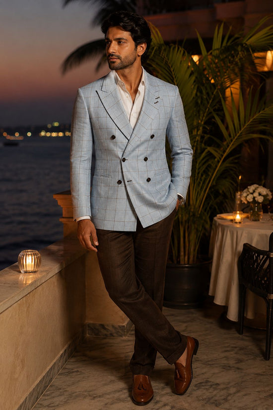 Powder Blue Check Linen Jacket