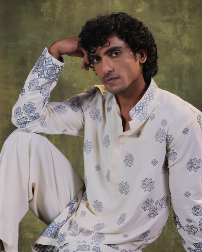 White & Blue Kurta Set