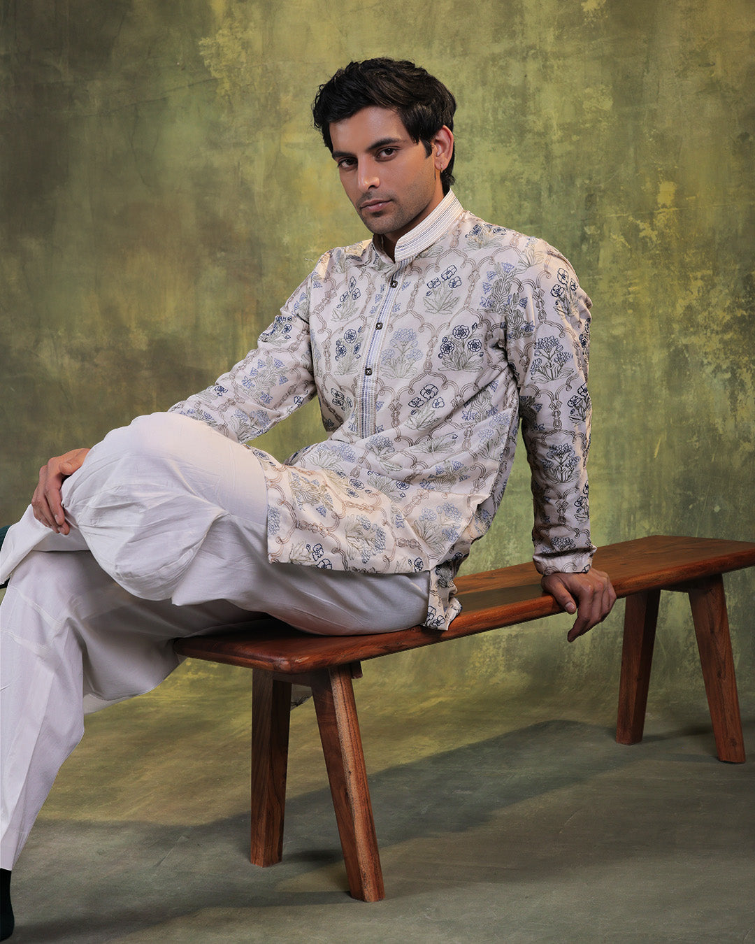 Ivory and Blue Kurta Set
