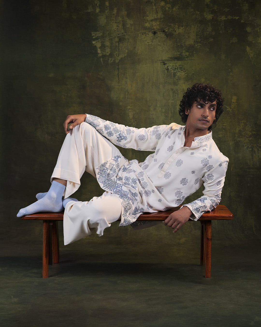 White & Blue Kurta Set