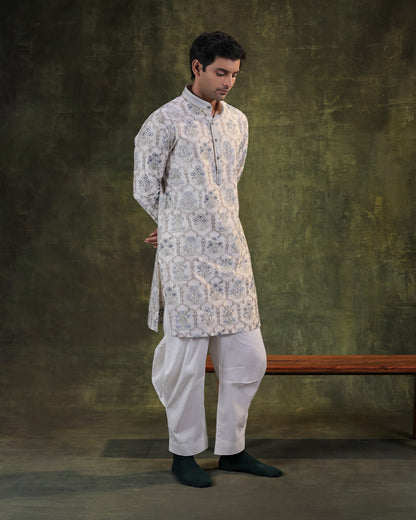 Ivory and Blue Kurta Set